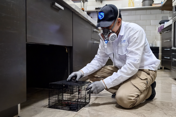 Gen4 A pest control technician in a white uniform with blue logo, beige tactical pants, glo 21765425