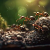 Fire ants working together on green leaf generated by artificial intelligence
